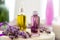 Lavender serum, skincare oil, lavender essential oil, gel. Set lavender bath cosmetics products in bottles with fresh lavender