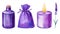 Lavender set. Flower, candle, bag and bottle on isolated white background, watercolor hand drawing