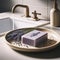 Lavender soap bar in soap dish in modern bathroom environment