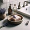 Lavender soap bar in soap dish in modern bathroom environment
