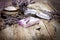 Lavender soap and scented salt on rustic wooden background