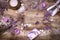 Lavender soap, scented salt and spa stones on rustic table