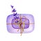 Lavender soap tied with a scourge, ribbon. Hand watercolor illustration isolated on white background close-up. Design for banner,