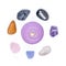 Lavender tea light candle surrounded by set of seven healing chakra stones for crystal healing