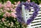 Lavender wreath in the shape of a heart on a chair on the background of a blooming rose garden.