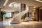 Lavish entrance and reception area with large sweeping staircase tiled marble floor sitting area with sofa generative AI