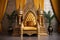 lavish golden throne with velvet cushion in a spacious hall