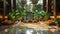 Lavish hotel lobby with marble floors lush plants