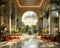 Lavish hotel lobby with marble floors lush plants