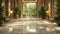 Lavish hotel lobby with marble floors lush plants