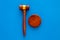 Law and court. Lawyer, attorney, judge concept. Judge gavel on blue background top view copy space