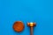 Law and court. Lawyer, attorney, judge concept. Judge gavel on blue background top view copy space