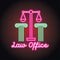 Law firm advertisement for law firm office with neon light effect. vector illustration