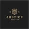 Law firm symbol logo, justice scale and shield vector icon