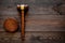 Law or jurisprudence concept. Judge gavel on dark wooden background top view copy space