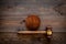 Law or jurisprudence concept. Judge gavel on dark wooden background top view copy space