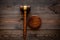 Law or jurisprudence concept. Judge gavel on dark wooden background top view copy space