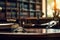 Law and Justice concept. Mallet of the judge, books and scales of justice. A closeup of a wooden lawyer table with a judge, AI