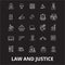 Law and justice editable line icons vector set on black background. Law and justice white outline illustrations, signs