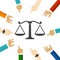 Law justice scale balance court symbol of equality in decision hand pointing team focus on concept