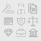 Law and justice thin line icons. The legal system, judge, police and lawyer illustration