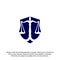 Law office logo in the form of shield with greece column and scales. The judge, Law firm Vector