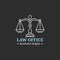 Law office logo with scales of justice illustration. Vector vintage attorney, advocate label, juridical firm badge.