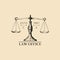 Law office logo with scales of justice illustration. Vector vintage attorney, advocate label, juridical firm badge.