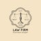 Law office logo with scales of justice illustration. Vector vintage attorney, advocate label, juridical firm badge.