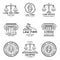 Law office logos set with scales of justice,gavel etc illustrations. Vector vintage attorney,advocate labels collection.