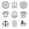 Law office logos set with scales of justice,gavel etc illustrations. Vector vintage attorney,advocate labels collection.