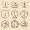 Law office logos set with scales of justice, gavel illustrations. Vector vintage attorney, advocate labels, firm badges.