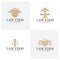 Law office logotypes set with scales of justice, gavel etc illustrations. Vector vintage attorney, advocate labels, juridical firm