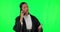 Law problem, woman and a phone call on a green screen isolated on a mockup studio background. Conversation, angry and a