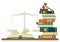 Law studies. Stack of books with glasses, open book and judge gavel on white background.