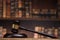 law theme, mallet of the judge, justice scale, books, wooden desk