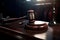 Law theme, mallet of the judge on wooden desk. Dark background. Generative AI