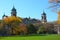 The lawn and back side of the Main Building at Ellis Island National Museum of Immigration, on a