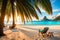 Lawn Chairs Under The Palm On The Sand Beach. Sunbed At The Beach. Caribbean Tropical Beach. Holidays. Generative AI
