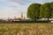 Lawn of dandelions on Birzhevoy Exchange Square on Spit of Vasilievsky Island, Saint Petersburg, Russia