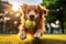 Lawn leisure: golden retriever engaged in obedient fetch fun with tennis ball