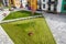 Lawn mower cutting grass on green field in yard near apartment residential building. Mowing gardener care work tool