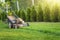 Lawn mower cutting green grass in sunlight