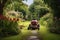 lawn mower grass around a garden path