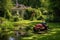 lawn mower grass around a garden pond