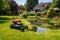 lawn mower grass around a garden pond