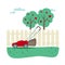 Lawn mowers in the garden garden tools. Vector illustration of lawn mowing service.