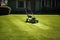 lawn mowers shadow on a sunlit green lawn