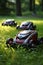 Lawn robot mows the lawn. Robotic Lawn Mower cutting grass. AI. Generative AI