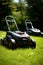 Lawn robot mows the lawn. Robotic Lawn Mower cutting grass. AI. Generative AI